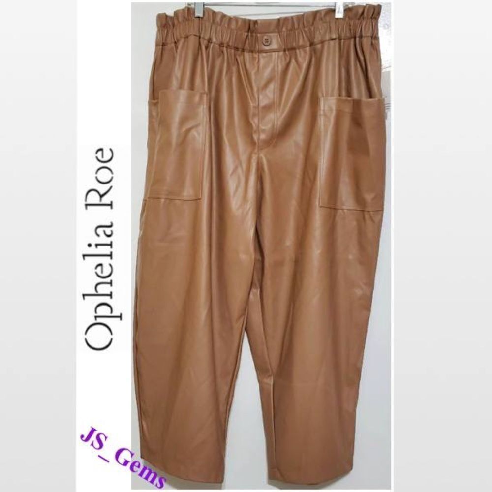New Ophelia Roe Pants Womens Plus 3X Tan Vegan Pleather Leather Ankle Ruffle NWT